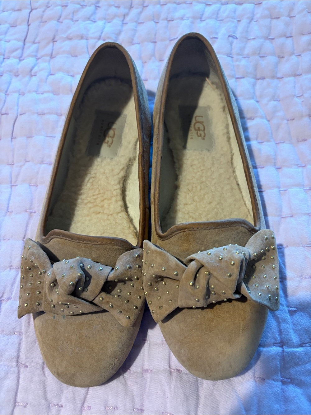 UGG Women's Beige Suede Bow Flats with Studs